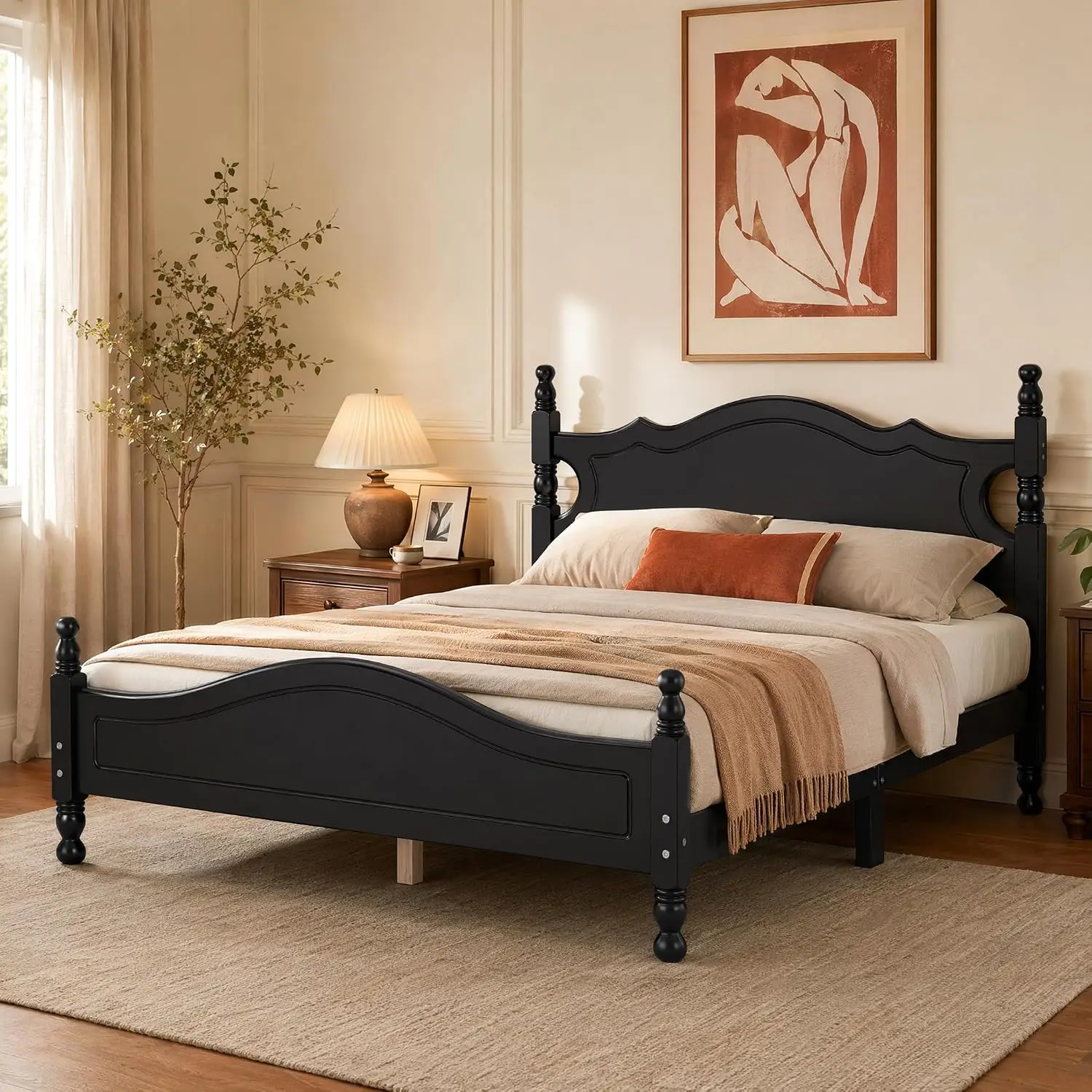 Full-Size Wood Platform Bed Frame, Retro Style Solid Wood Slat Support No Box Spring Easy Assembly, Customized