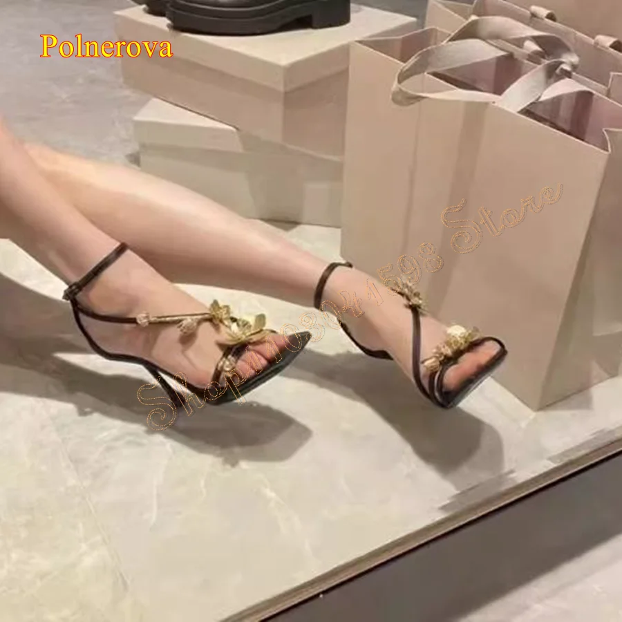 Gold Flower High Heel Shoes Flat Toe Leather Buckle Women Shoes Sexy Thin Heel Pumps Party Heels 2024 New Zapatos Para Mujere