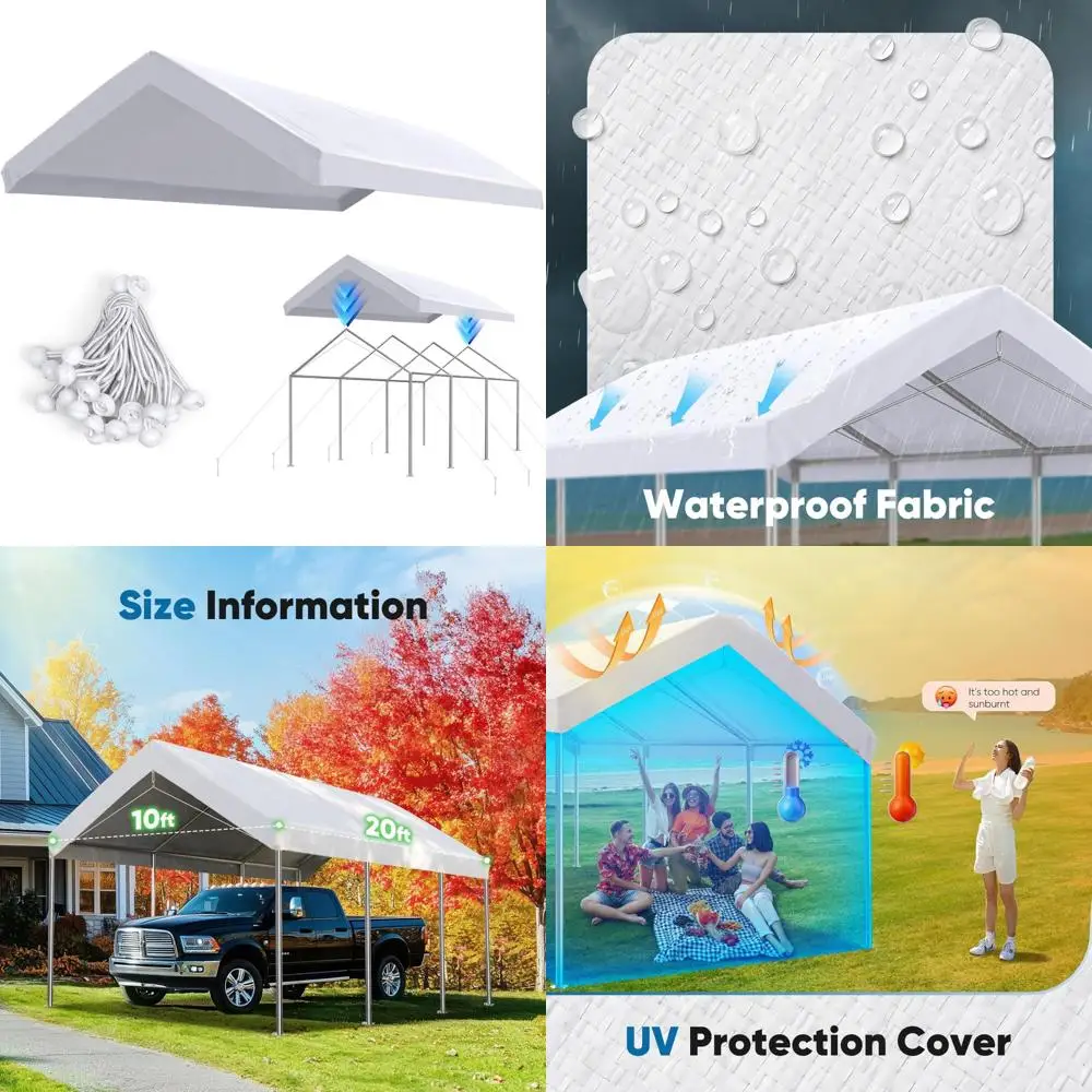 

10x20ft Carport Canopy Replacement Top Cover Tarp with Ball Bungees, White, Single Roof, Outdoor Shelter Protection
