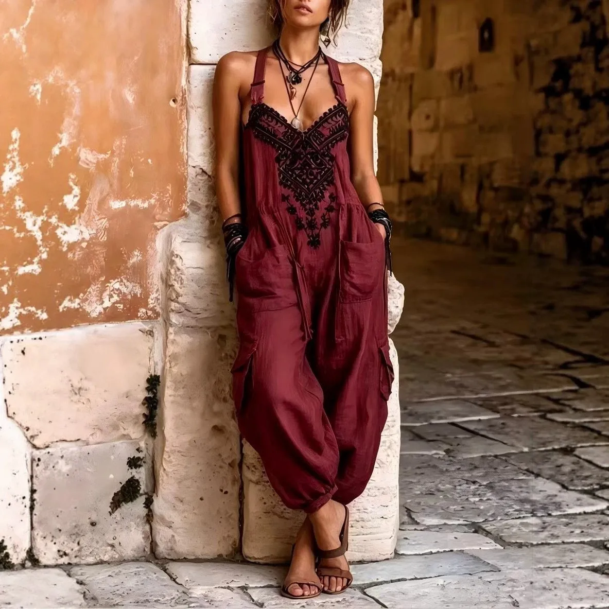 Sleeveless Printed Pants Loose Waist Elegant with Summer 125cm Length Vacation V Neck Full Length Commuter Chic Women Jumpsuit