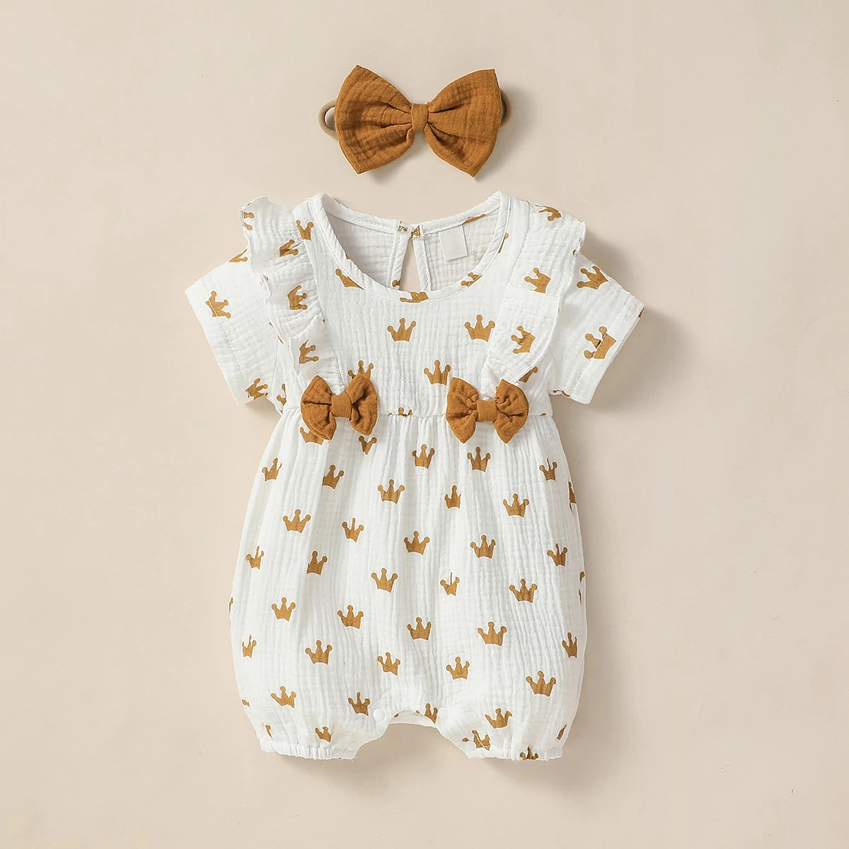 Baby Girl  Short  Sleeve Printing Crown Daily Cotton Jumpsuit With Bow Summer Outdoor+headwear