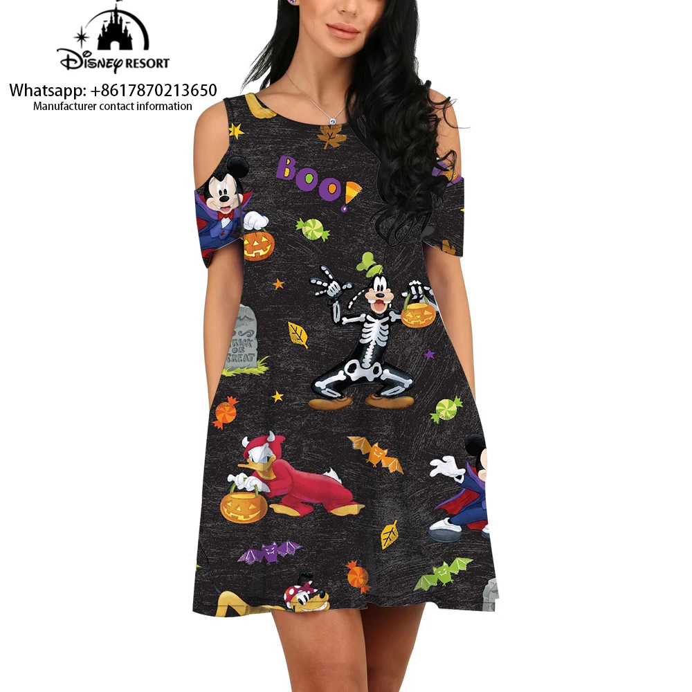 

2024 New Fashion Women's Casual Halloween Mickey Cartoon Print Round Neck Off Shoulder Dress Summer 3D Dress