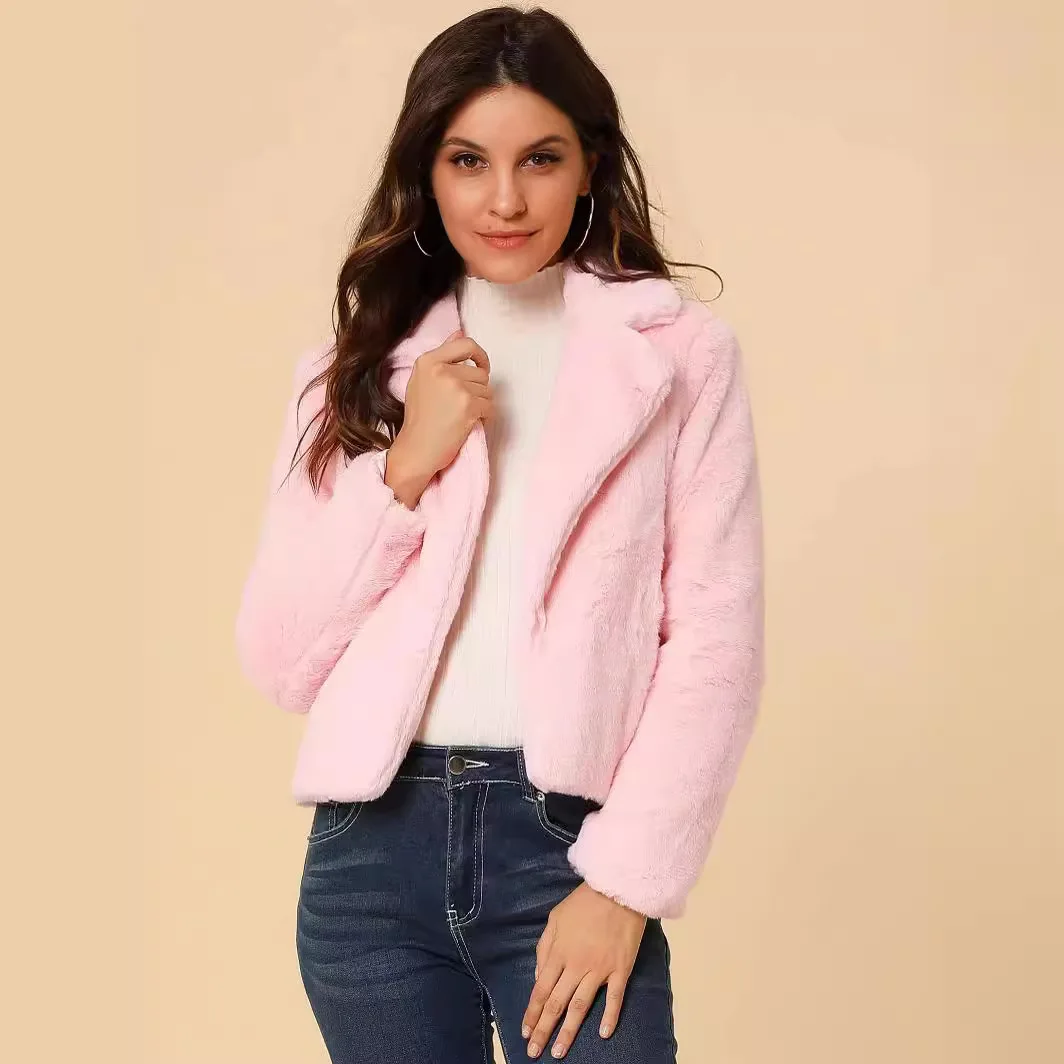 フリース冬用レディースフェイクラビットファーコート、ノッチカラー、ポケット付き、エコファー、レディーススリムフィット、保温性のある女性用ミンクファーコート