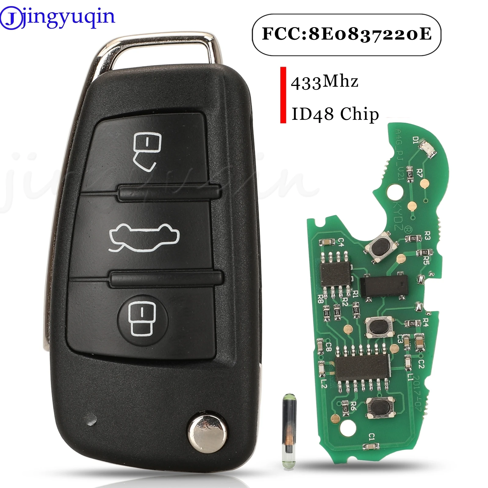 Jingyuqin Voor Audi A4 2004-2008 3 Knoppen Vouwen Afstandsbediening Autosleutel Fob 433Mhz ID48 Chip Fccid:8E0837220E/220Q/220K