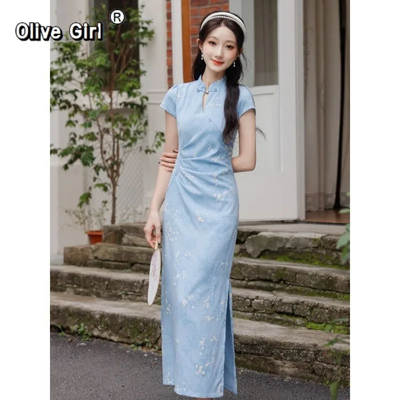 Improved Cheongsam Dress Qipao 2026 New Young Girl Orange Summer Daily Wearable Long Dress Chinese Summer Women Clothing