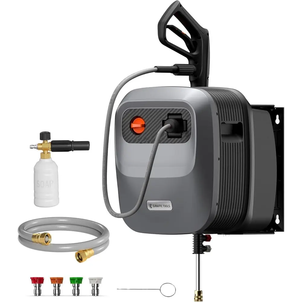 

2500 PSI 2.2 GPM Retractable Power Washer with 180° Swivel, 65ft Hose, 5 Nozzles for Cars, Floors, and Patios
