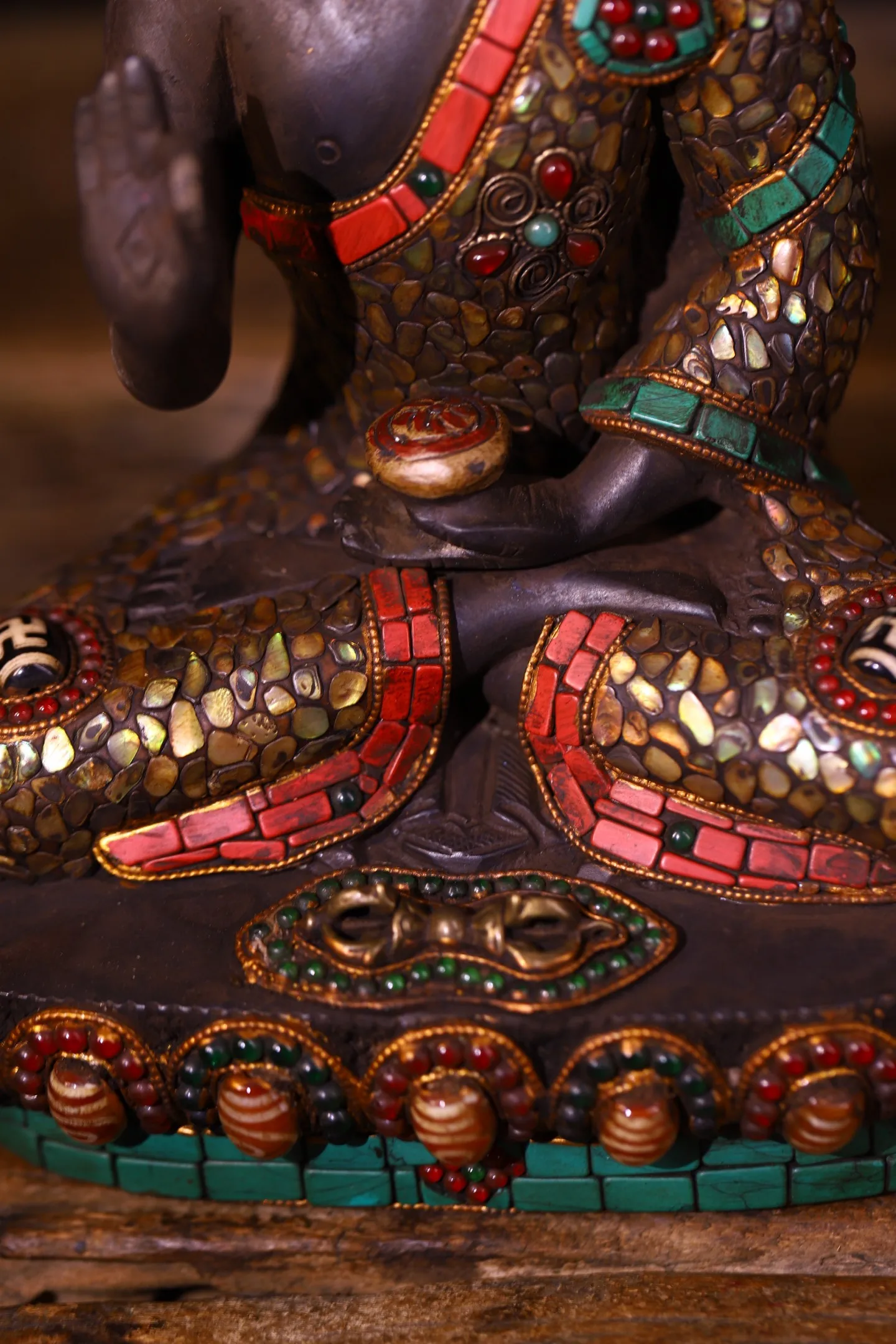 

9"Old Lima Copper Mosaic Gem gZi Beads Turquoise Vairocana Buddha Lotus Terrace Sitting Buddha Amitabha Worship Hall