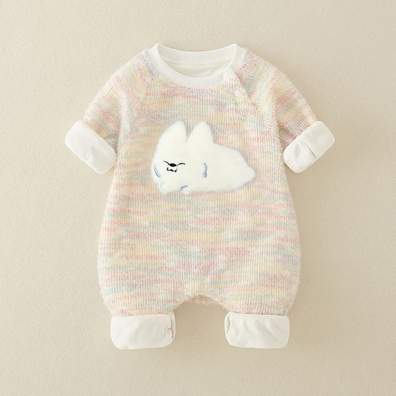 Baby autumn double-layer long-sleeved plush wool onesie full moon clothes cute baby Romper going out climbing clothes