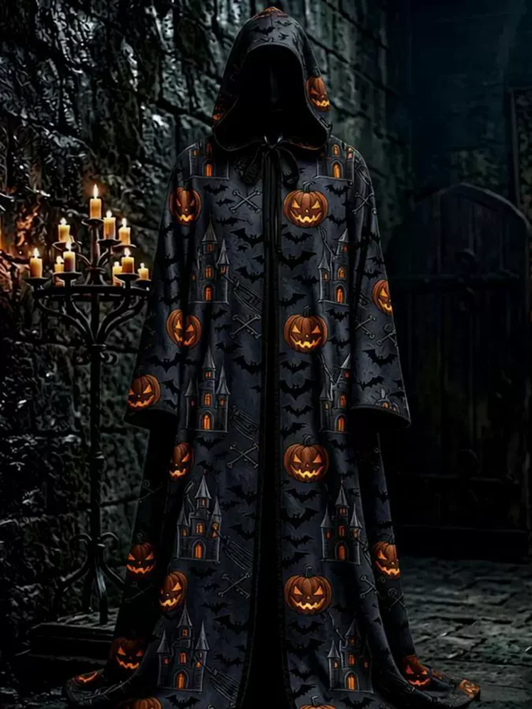 2026 Autumn Warm Print Pattern Hooded Cloak Mens Daily Outdoor Loose Outerwear Male Streetwear Vintage Contrast Color Party Robe