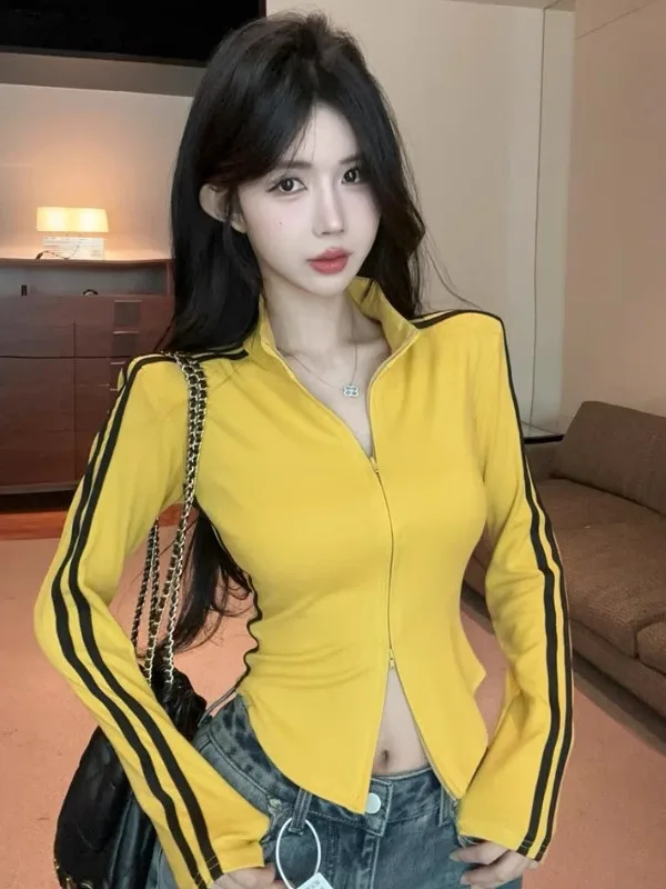 

Retro American Sport Stripes Zipper Open Cardigan Long Sleeve Slim Fit Stand Collar Women's Sweet Cool Spicy Outfit Irregular...