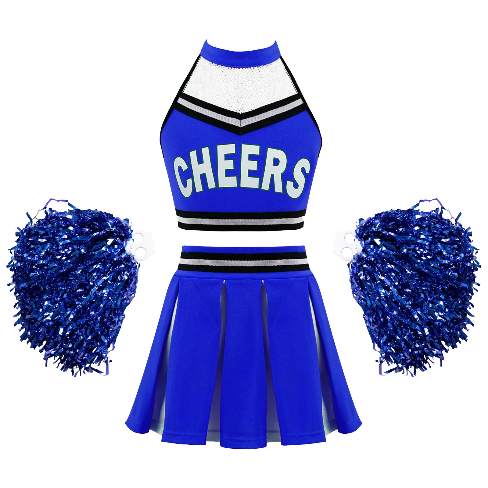 Kids Girls Cheerleading Uniform Dance Set 3Pcs Sleeveless Halter Neck Letters Printed Crop Top+Pleated Skirt+Flower Balls Outfit