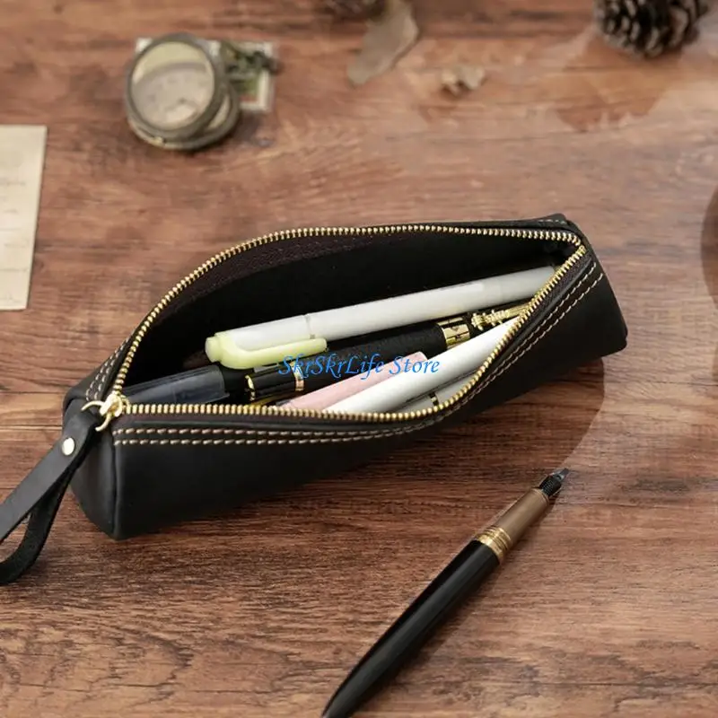

E65E Multifunctional Leather Pencil Case Zippered Closure Pencil Bag Fountain Pen Storage Pouches For School Office Supplies