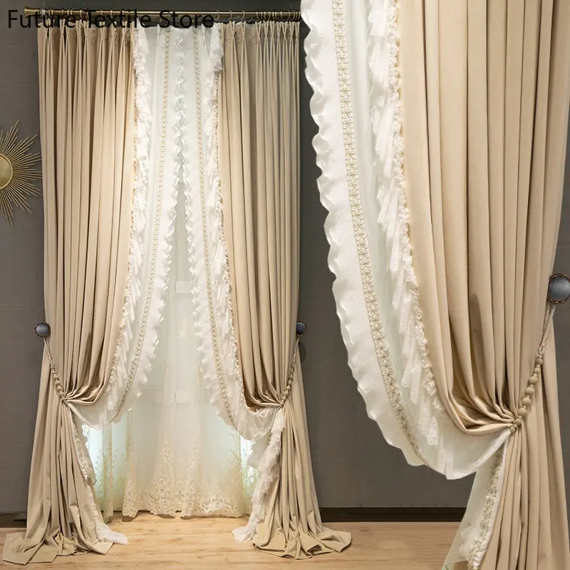 

French light luxury milk tea color velvet lace stitching living room bedroom curtains Curtains for Living dining room bedroom