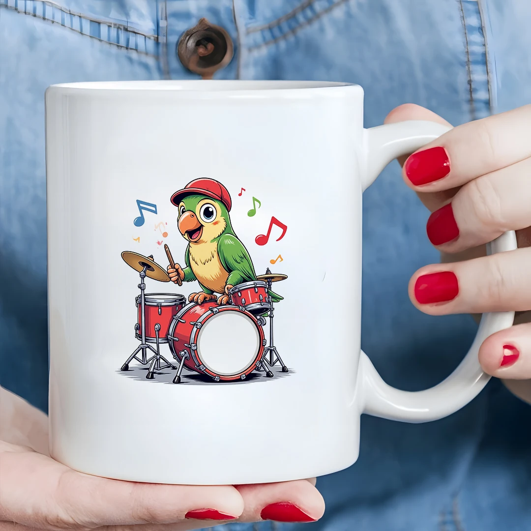 Taza de baterista de loro de dibujos animados, taza de bebida fría y caliente para niños de 11OZ, regalo de Navidad para oficina familiar