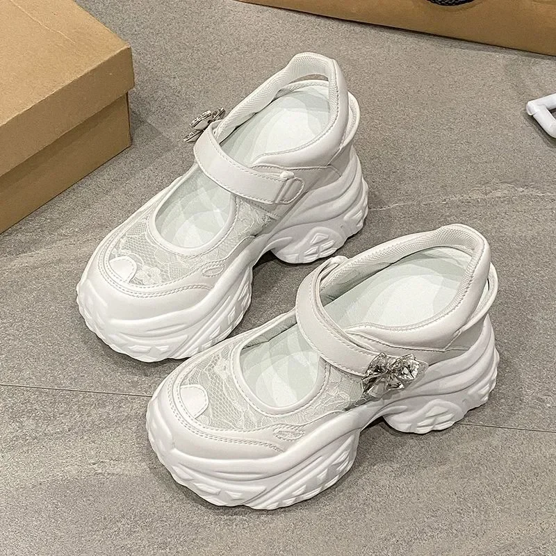 For Women Baotou Sandals Thick Sole 11cm Height Increase Lace Up Hollow Out Breathable Platform Dad Shoes 2026 New