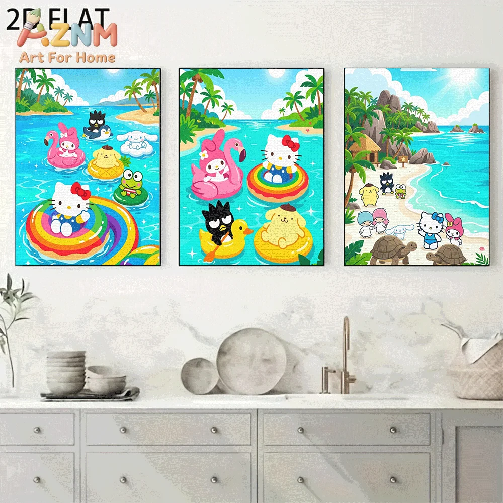 AZNM Sanrio Hello Kitty Friends Summer Pool Beach Canvas Wall Art Unframed Cute Cartoon Tropical Island Painting Kids Room Home