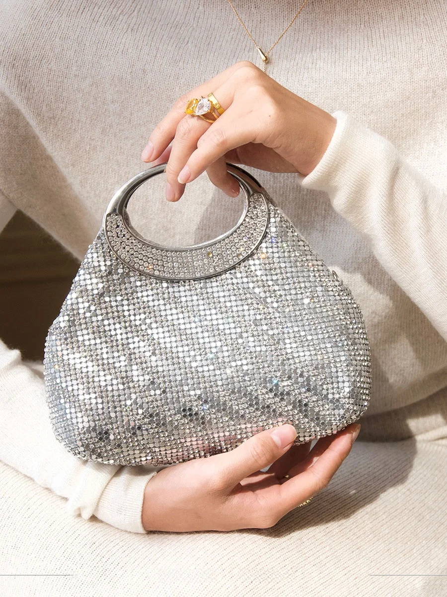 UGALS Fairy Advanced Sense Plaid Sequin Woven Metal Ring Dumpling Bag Evening Handheld Crossbody Bag Casual Simple Style