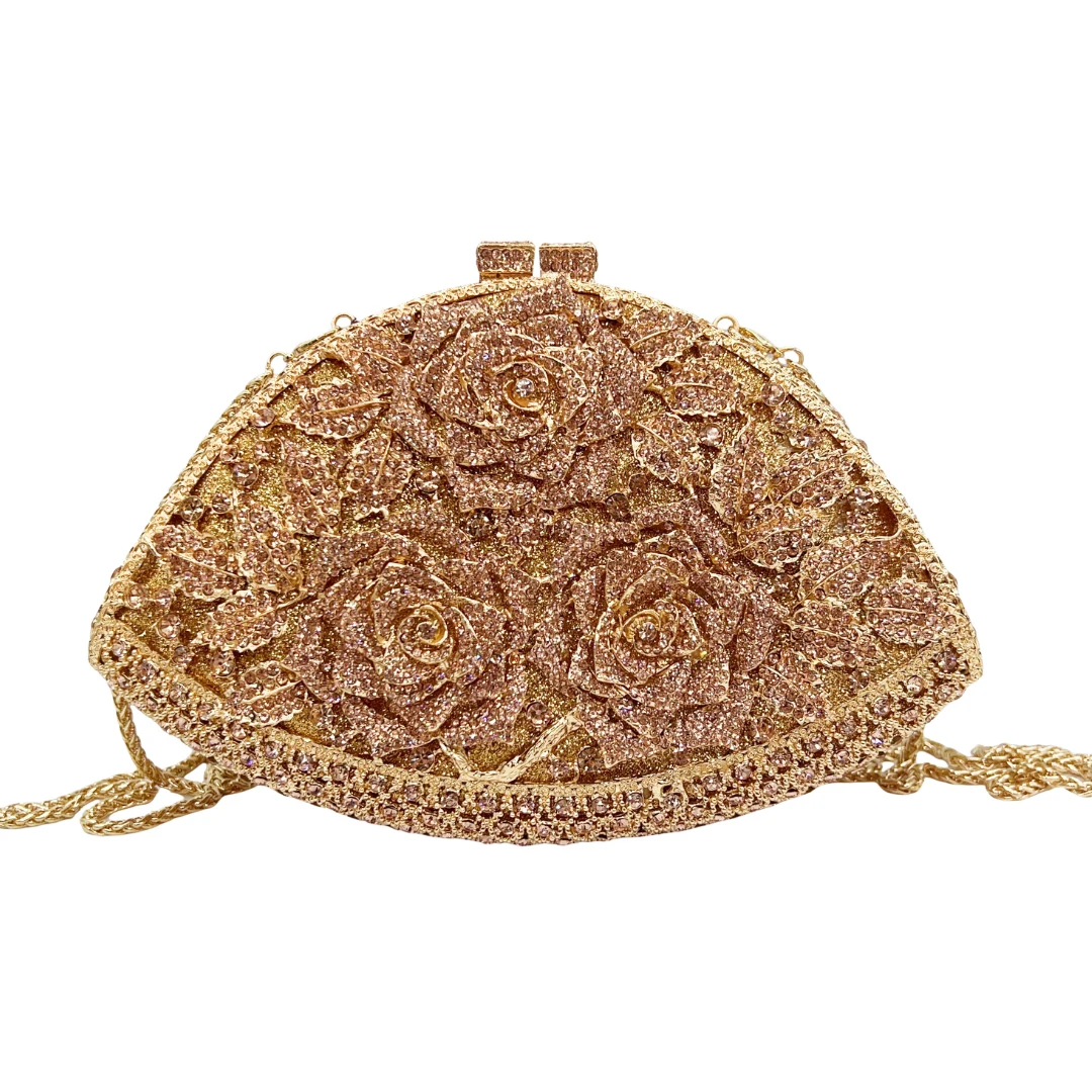 

WHTUOHENG Rose Crystal Evening Bag Clutch for Women Gold Floral Wedding Party Prom Handbag Mini Luxury Lady Purse