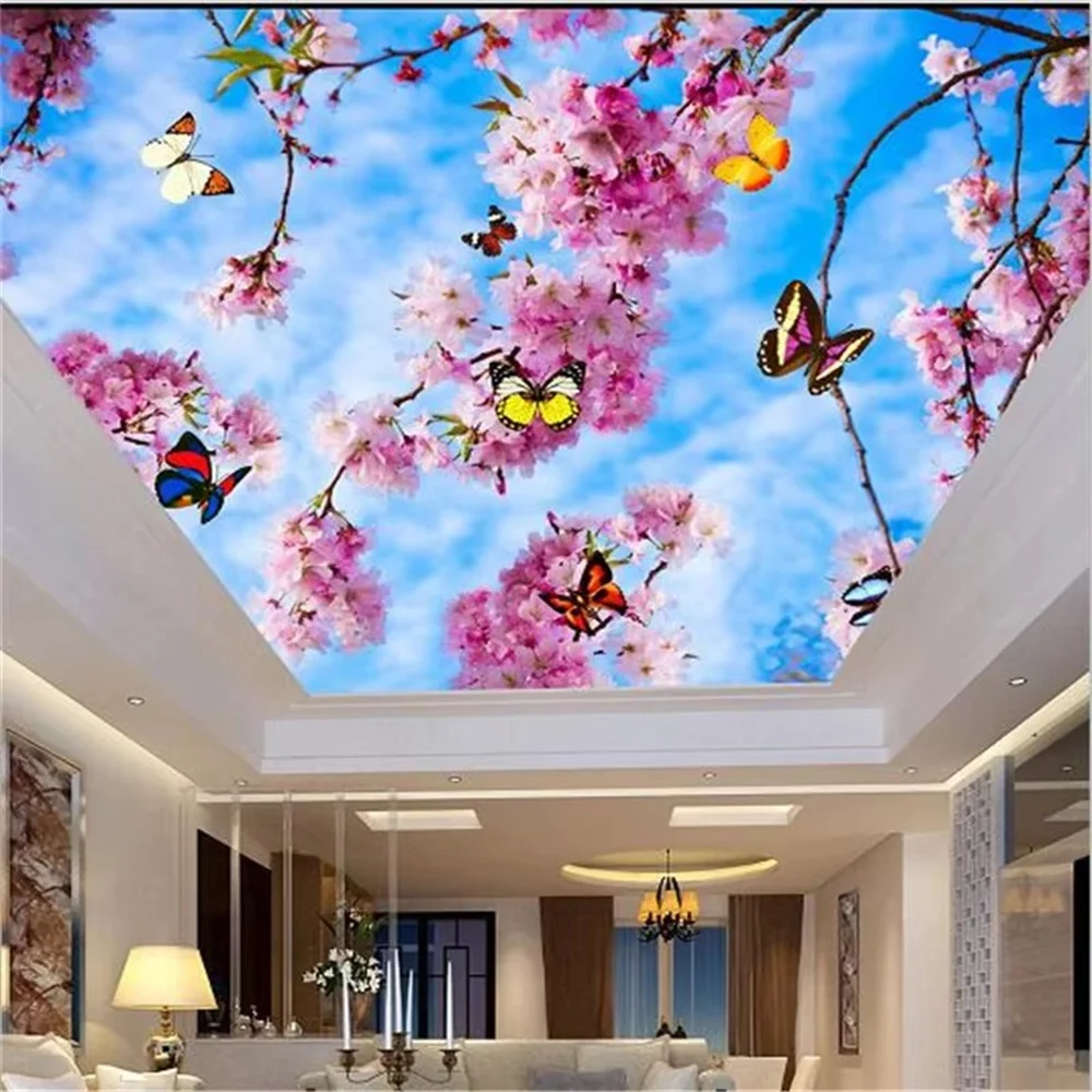 Custom Wallpaper 3d Photo Mural Masculine Flower Peach Blossom Ceiling Zenith Mural Rise Rose Blue Sky White Cloud wallpapers