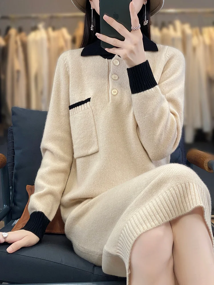 New Women Long Sweater Dress 100% Merino Wool Dress Autumn Winter Polo Collar Knitwear High Quality Poket Popular Cashmere Dress