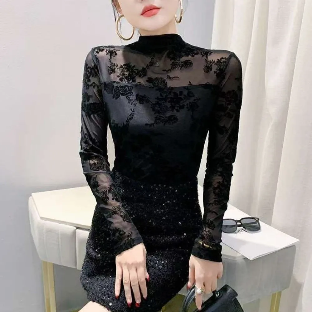 Floral Print Mesh Blouse Slim Fit Semi‑Sheer Mesh Lace Top Fleece Lined Option Stretchy Fabric Long‑Sleeve Undershirt