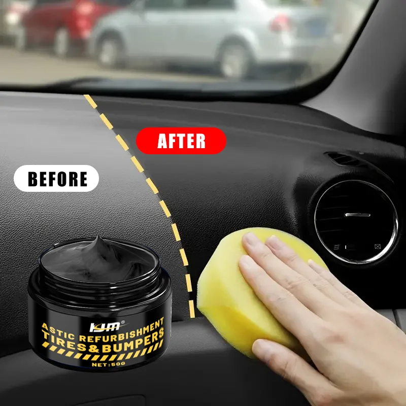 Crema Restauradora de Plástico y Cuero para Autos de 50g, Pasta Abrillantadora Negra para Neumáticos, Parachoques, Tablero, Asientos, con Esponja