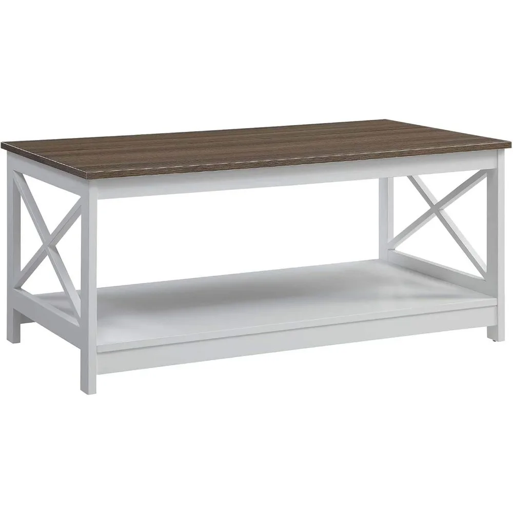 Coffee Table with Shelf, Driftwood/White,2 Tiers of Spacious Shelving,21.75