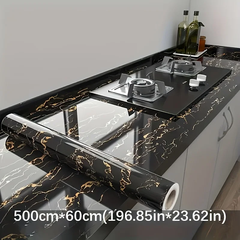 1pc Luxury Black Marble Wallpaper - Self-Adhesive, Large Kitchen Backsplash with Golden Veins, 23.62inch x 196.85inch, Easy Inst