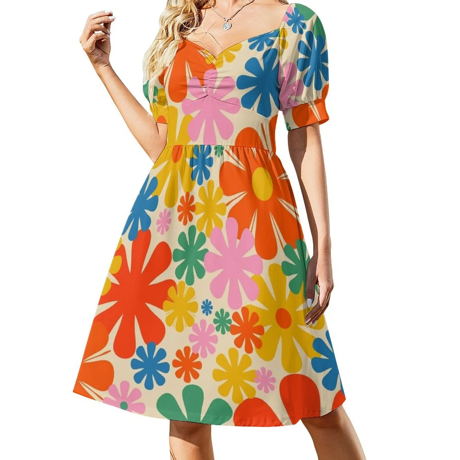 

Retro 60s 70s Aesthetic Floral Pattern in Rainbow Pop Colours Short Sleeved Dress summer woman dress 2025 Elegant gown Dress