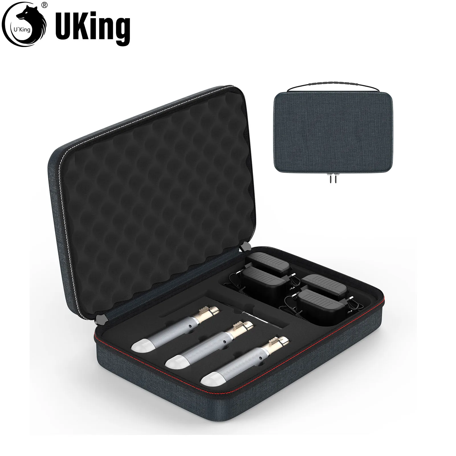 U'King 3 قطعة استقبال قابلة للشحن وجهاز إرسال DMX512 اللاسلكي ومجموعة حافظة مدمجة في بطارية التحكم في إضاءة المسرح لشريط الحفلات