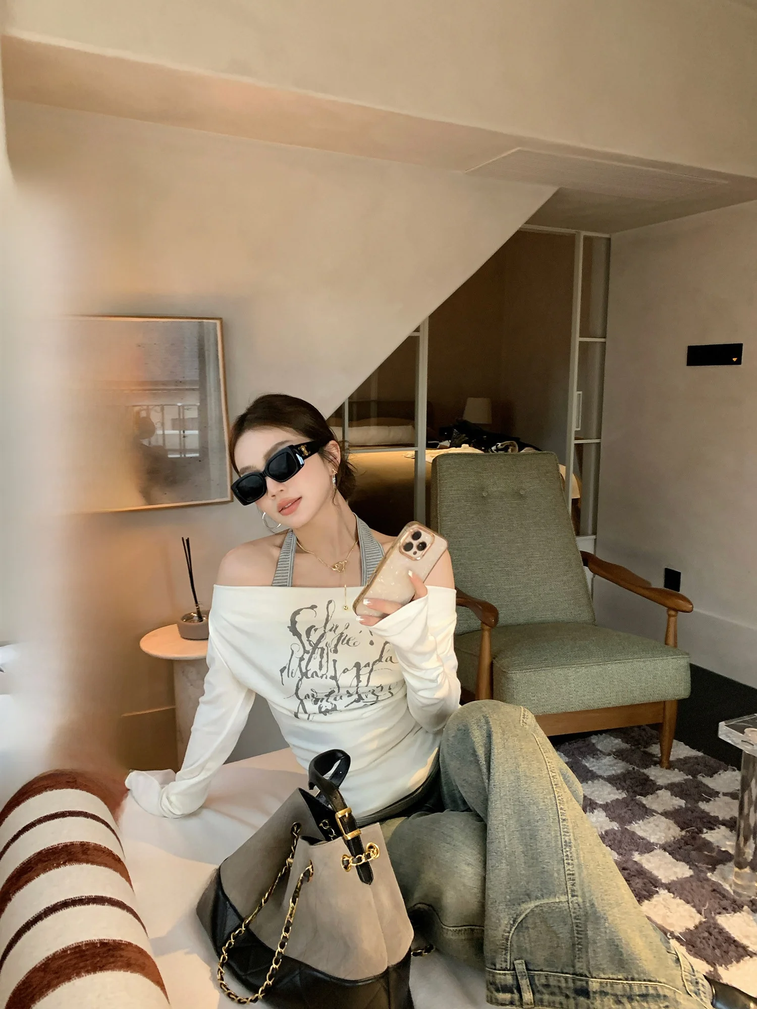 

Slimming Long Sve Printed T-irt Women's Ne Hanging Fake Two-Piece Sle Commute Korean Faion Casual Wear Polyester N...