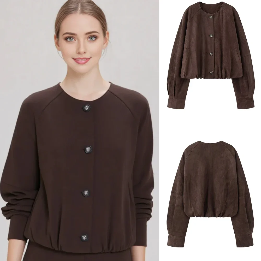 

Y2K элегантное пальто из искусственной замши женская свободная куртка High Street простая классическая куртка с круглым вырезом плиссированные пуговицы карманы свободная верхняя одежда