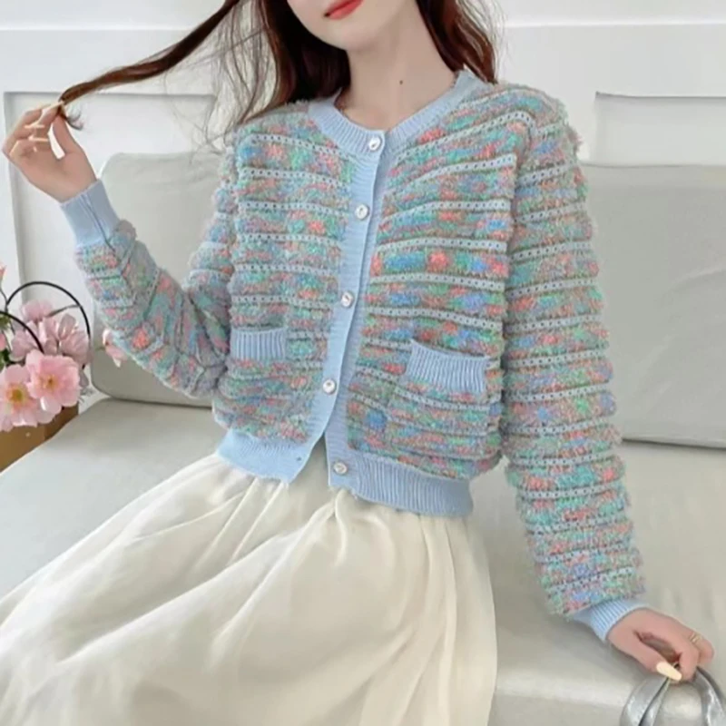 Autumn Winter Striped Long Sleeved Sweater For Women 2024 New Sweet Round Neck Knitted Cardigan Chic Contrast Color Loose Coat