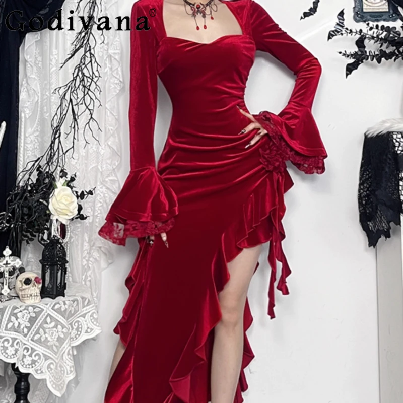 Abito sexy in velluto rosso natalizio Abito lungo irregolare a vita alta irregolare da donna Abito Lolita a maniche lunghe primaverile femminile