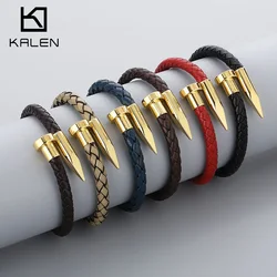 Popular Metal Nail Leather Chain Bangle For Women Men Hip Hop Stainless Steel Woven Rope Bracelet Personalized Jewelry Gift