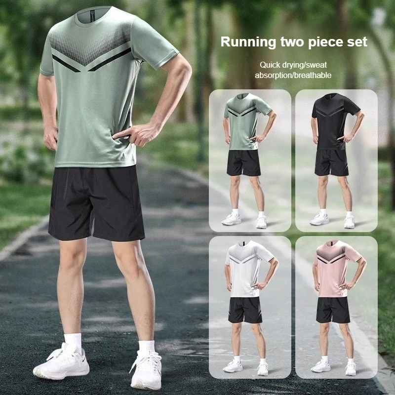 

Running Men's Sports Suit Summer Quick Drying Clothes Short-sleeved T-shirt Ice Silk Shorts Fitness Badminton Training Suit