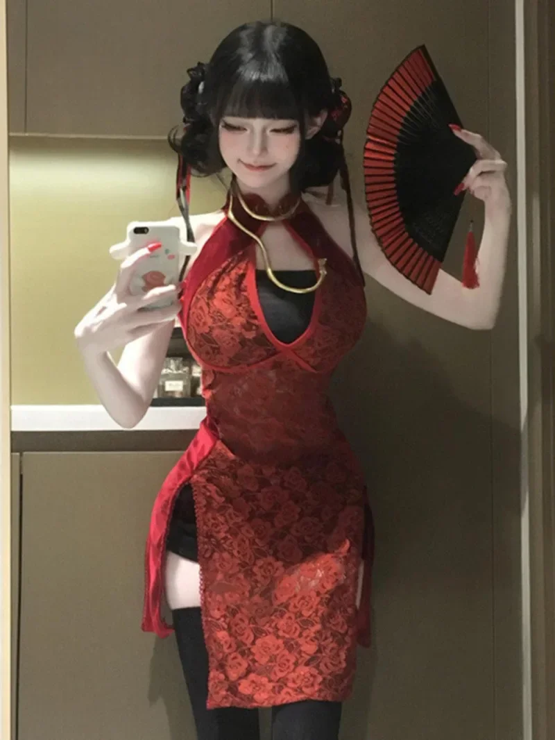 

Pure Desire Spicy Girl Short Mini Dress New Chinese Style Sexy Lace Micro Transparent Cheongsam Dress Elegant Red Sweet 1MPT