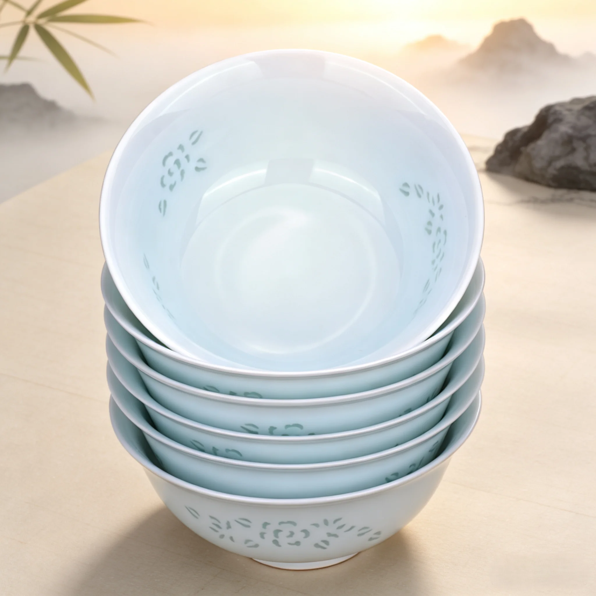 LIANHUA POTTERY Linglong Porcelain Bowl Set of 6 Celadon Glaze Peony Motif Soup Bowls for Home Kitchen Dinner Housewarming Gift
