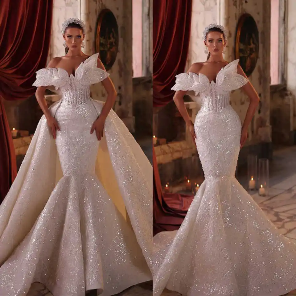 Gorgeous Mermaid Wedding Dress Sequins One Shoulder Bride Gowns Ruched Detachable Sweep Train Bridal Dresses Customized