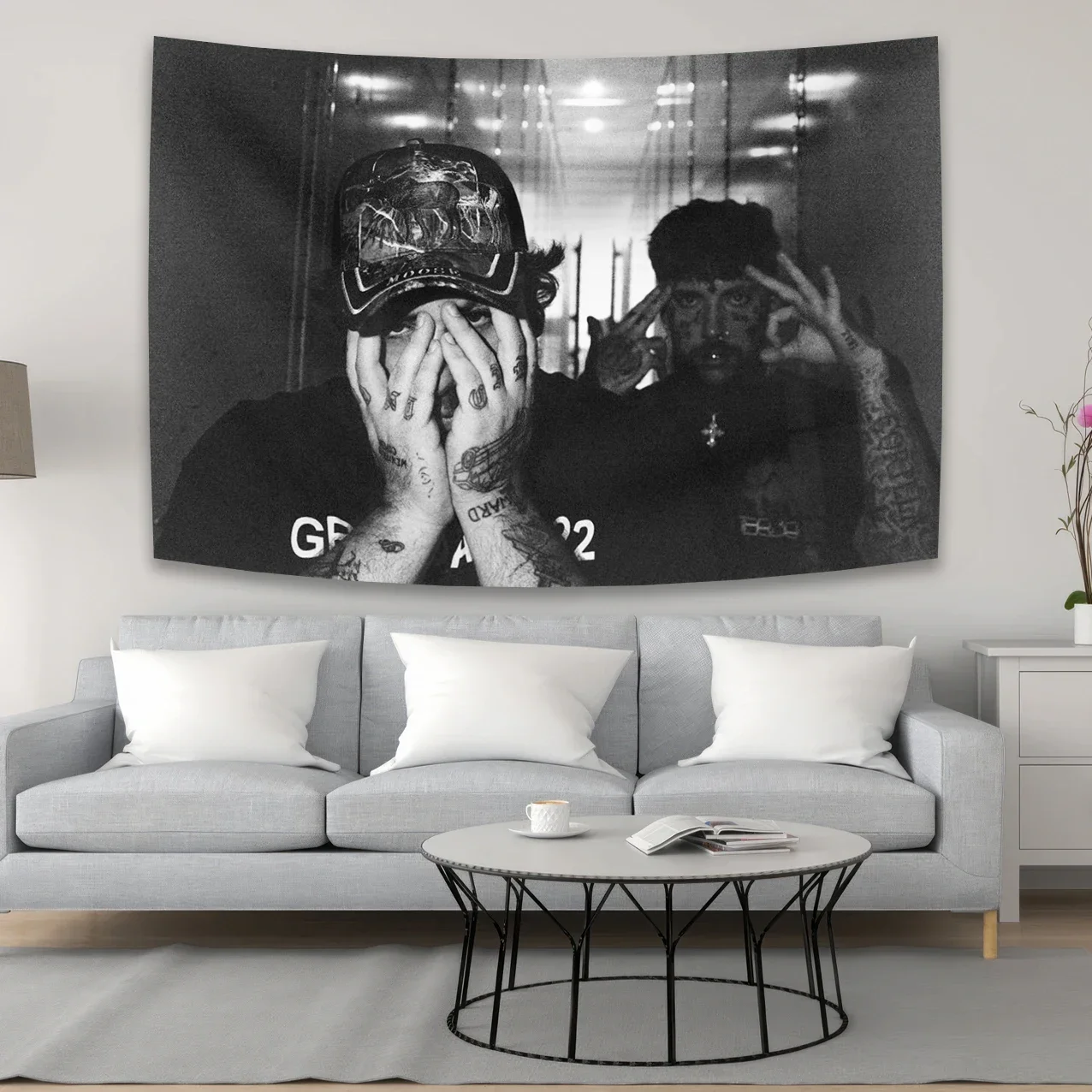 Vintage Street Art Style Band Portrait Wall Tapestry Black and White Graphic Decor for Man Cave Bedroom Living Room