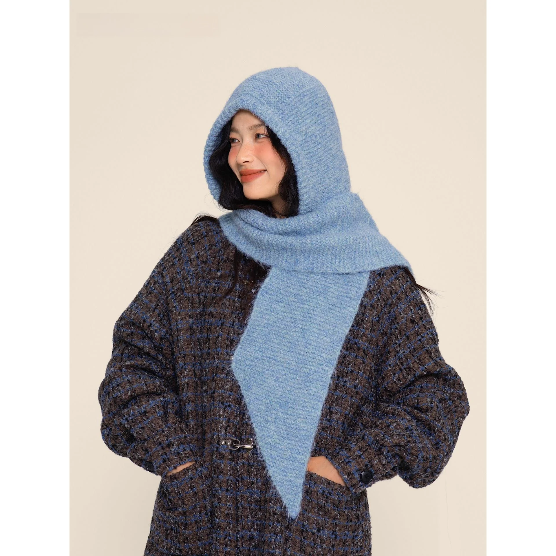 Thickened Knitted Scarf Hat Winter Cap Women's Warm Casual Style Fleece Hat Integrated Scarf Purl Pattern Geometric Blocks
