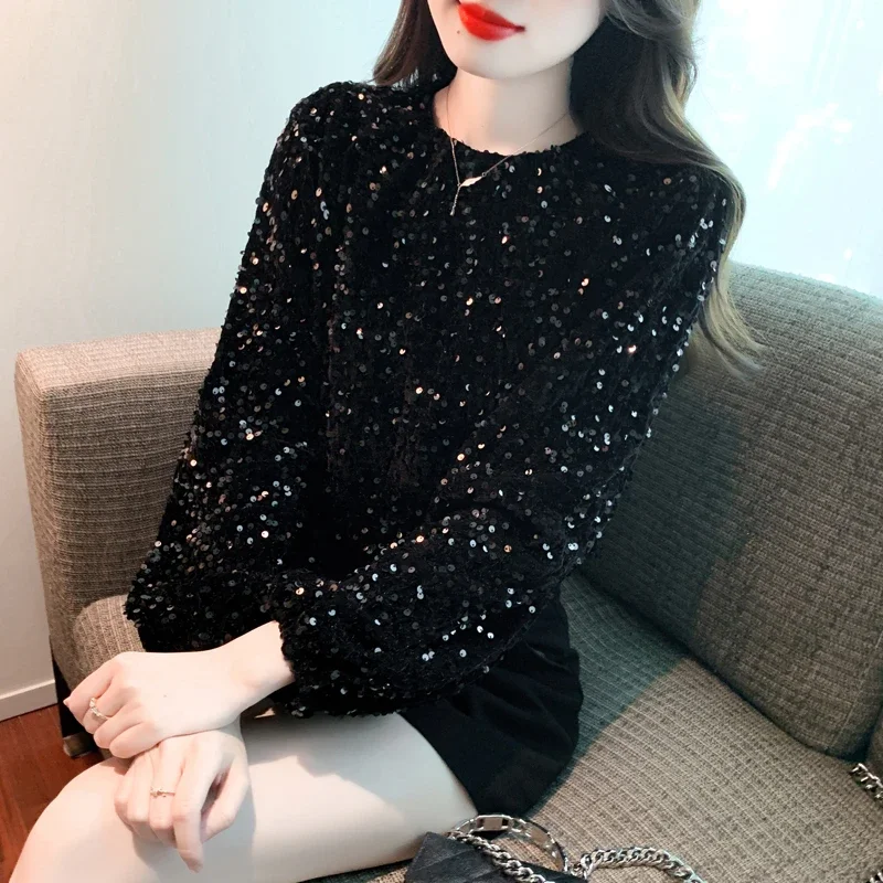 

Elegant Women Blouse With Sequins Round Neck Long Sleeve Loose Fit Party Wear Fashion Top