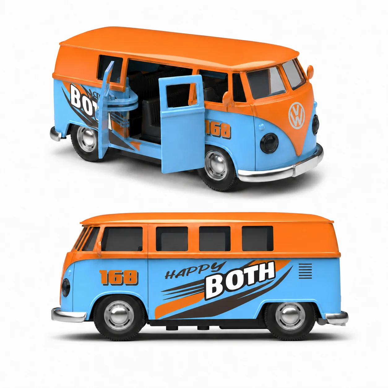 MQUDUO 1:36 Retro Alloy Van Model, Orange Blue Pull Back Bus with Opening Doors and Detailed Interior for Display Gift