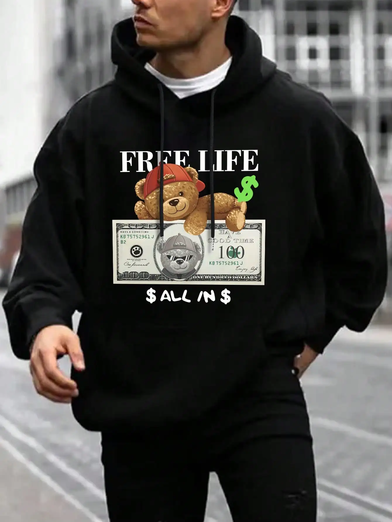 Free Life Word Cartoons Bear Banknotes Pattern Mens Hoodie Fleece Hip Hop Streetwear New Sport Pullovers Male All-Match Clothes