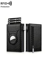 Men's Carbon Fiber Magnetic Card Holder PU Leather RFID Three-fold Automatic Card Holder With Zipper Coin Purse AirTag Wallet