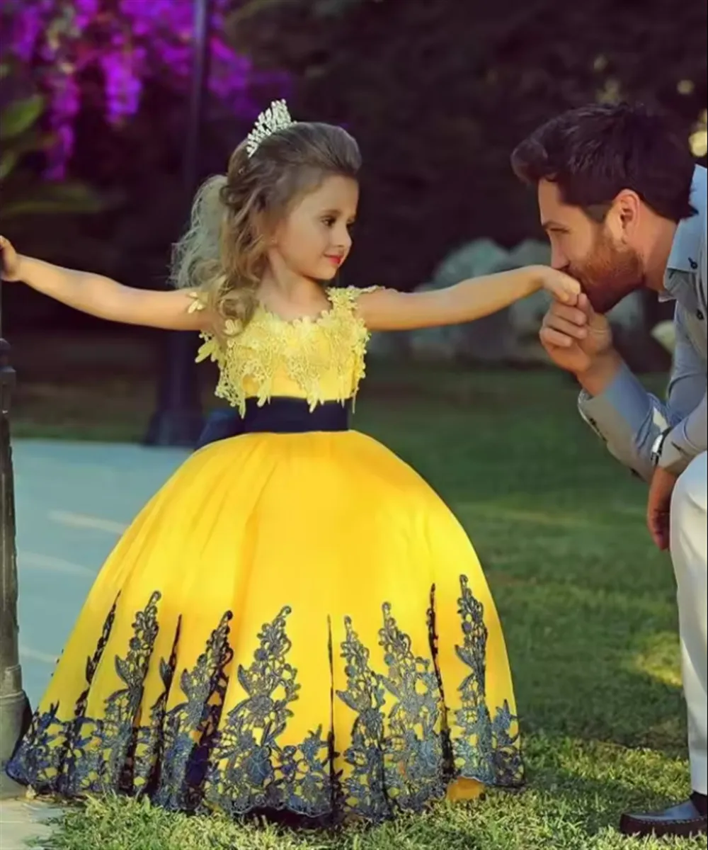 فستان زفاف فتاة الزهور الصفراء مرحبا منخفض تول يزين الدانتيل بلا أكمام المتدرج الاطفال فستان حفلة عيد ميلاد ثوب التواصل الأول #4