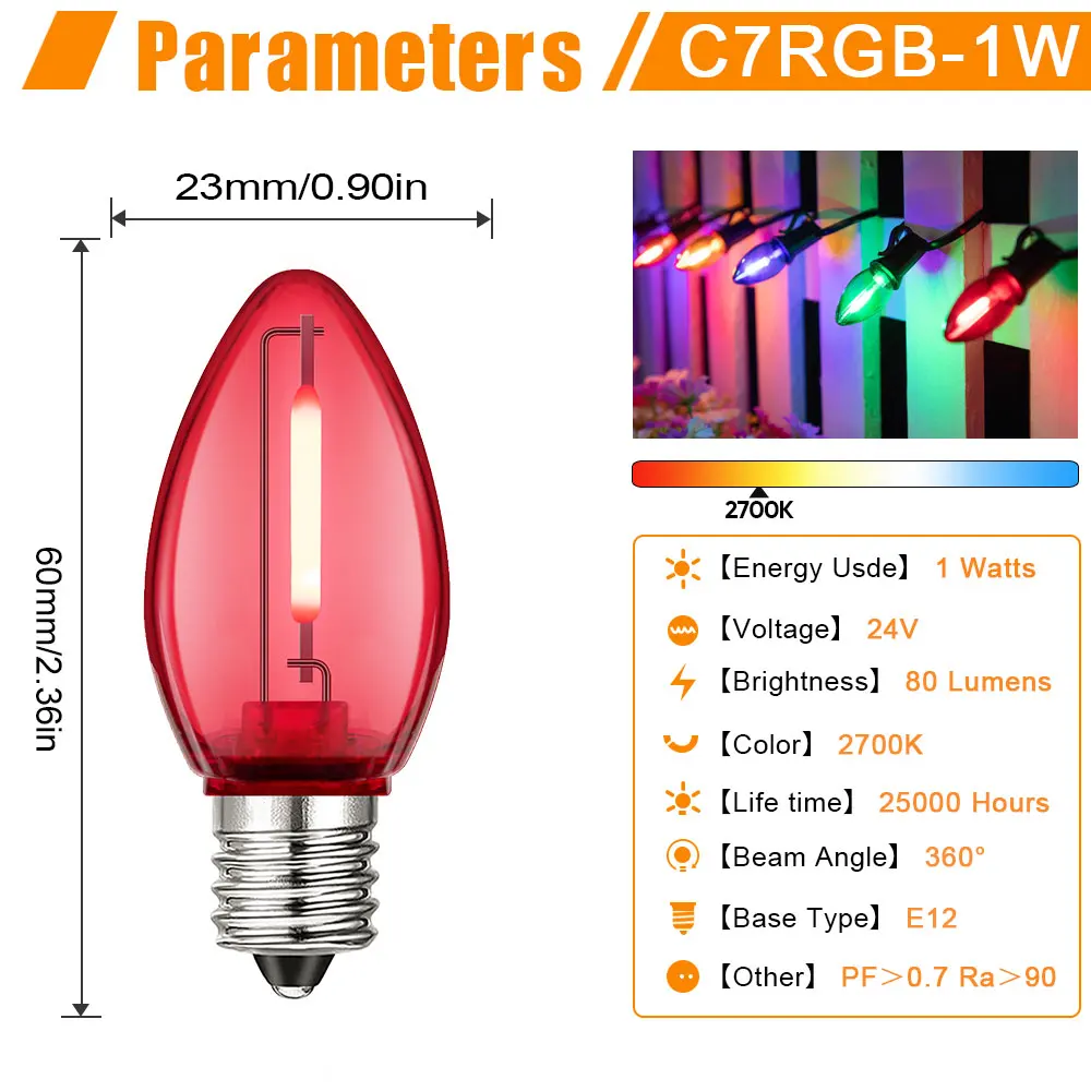 C7 Multicolor Light Bulb 1W DC24V LED Replacement Bulbs for Outdoor Christmas String Lights E12 Candle Festive Night Light Bulbs