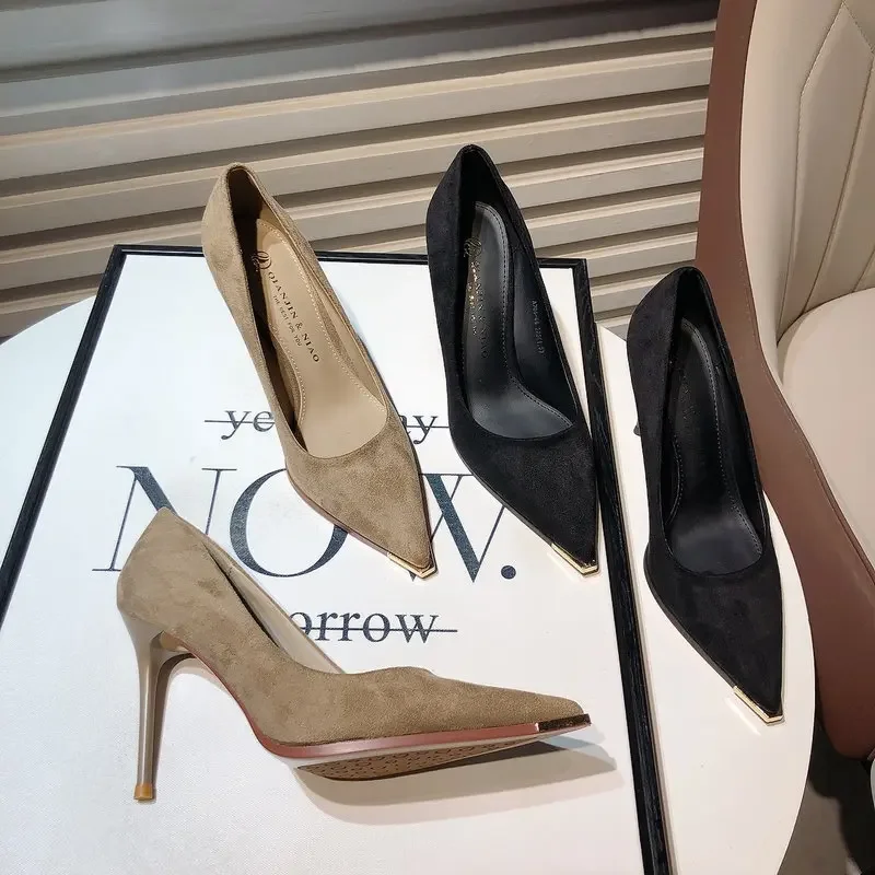 Fashion temperament exquisite high heels 2024 new pointy shallow mouth women's shoes suede personality noble banquet shoes