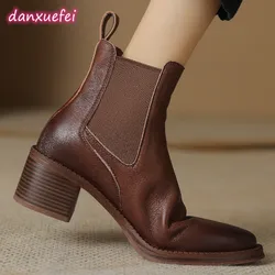 danxuefei womenn's genuine leather elastic slip-on autumnn chelsea boots 5cm thick med heel pointed toe casual short boots shoes