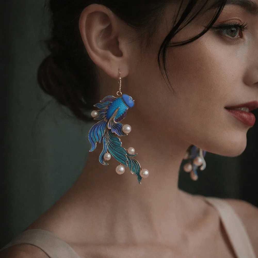 Vintage Style Koi Fish-shaped Earrings Unique Design Colored Fish Imitation Pearl Earrings Ethnic Style Special Design